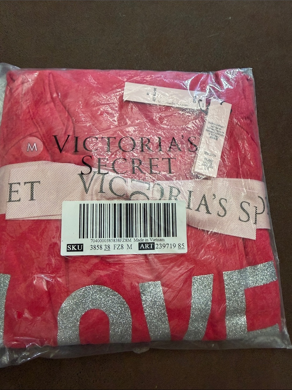 Victoria's Secret Red Short-Sleeve Sleep Tee with Silver Glitter Logo Sz Medium